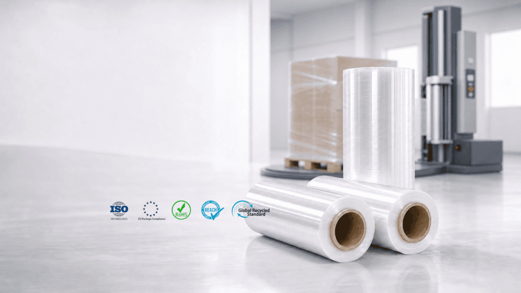 Machine stretch film rolls for automatic pallet wrapping