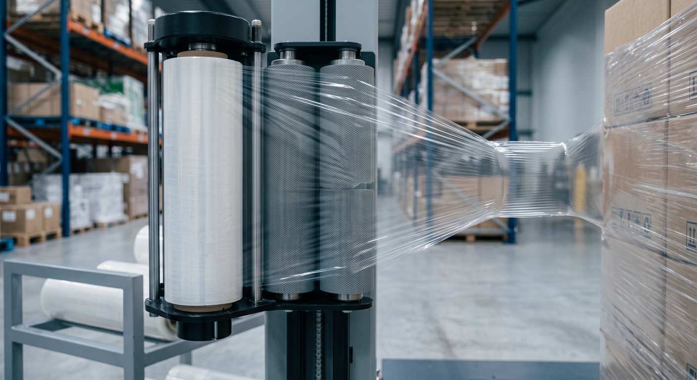 Machine stretch film showing excessive neck-down between the carriage and pallet