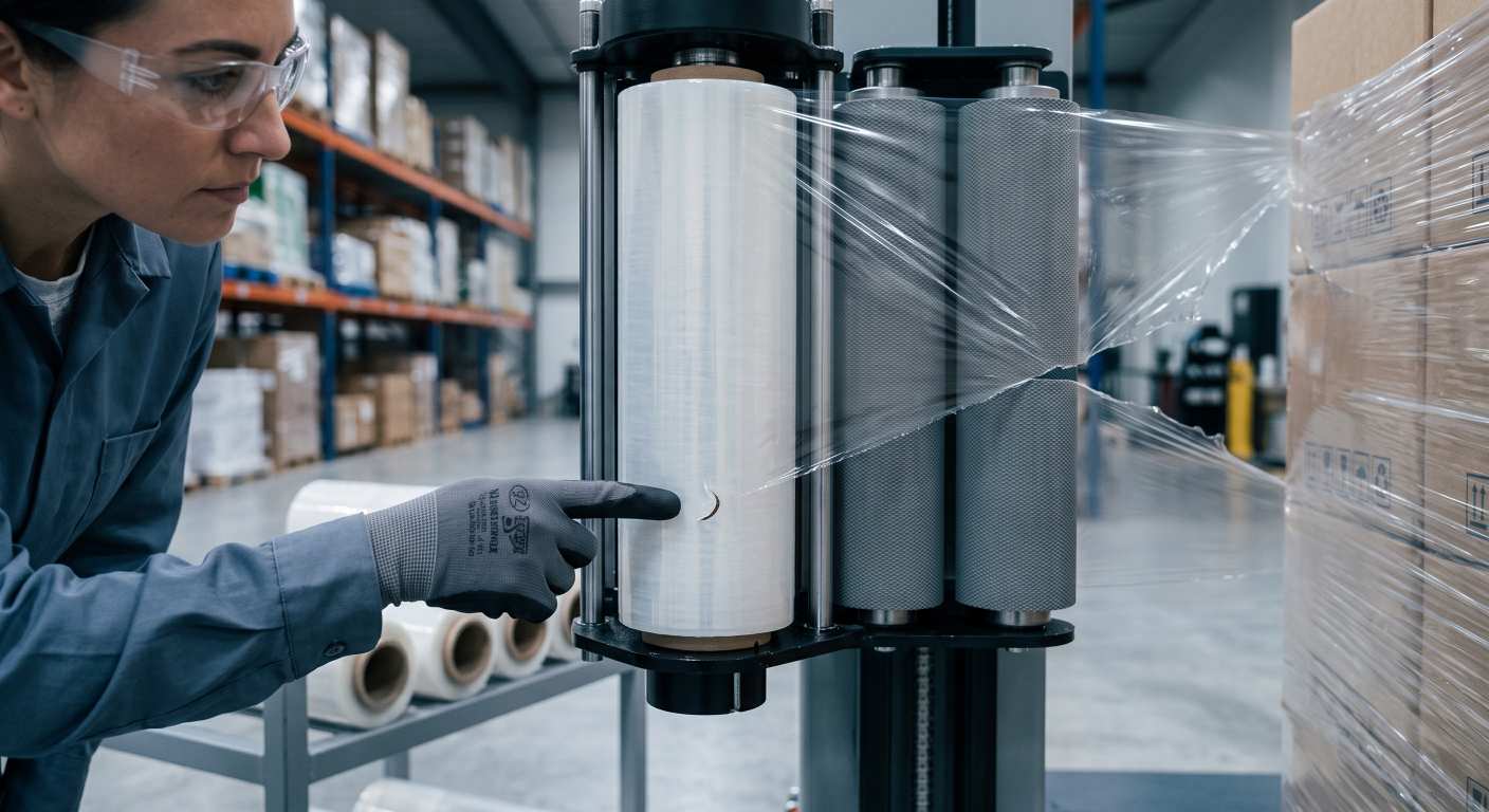 Damaged stretch film roll edge being inspected inside a pre-stretch carriage