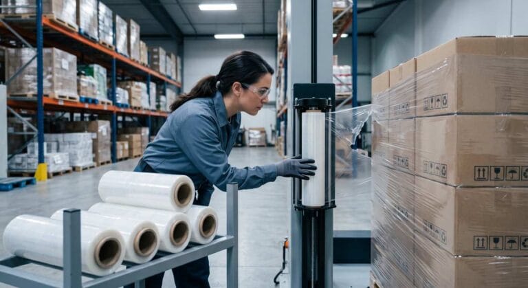 Operator troubleshooting machine stretch film breaks on a pallet wrapping line