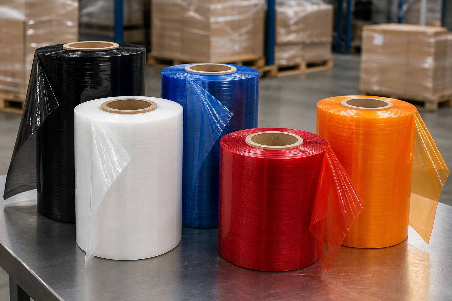 Opaque black and white stretch film rolls with translucent blue, red and orange film