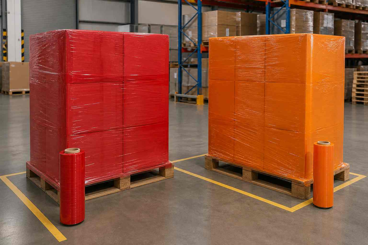 Red and orange stretch wrap used to classify pallet loads in a warehouse