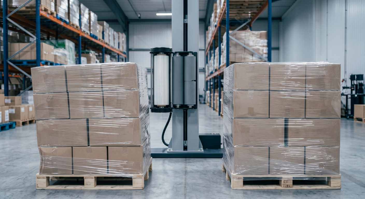 Comparison of unstable and properly secured machine stretch-wrapped pallet loads