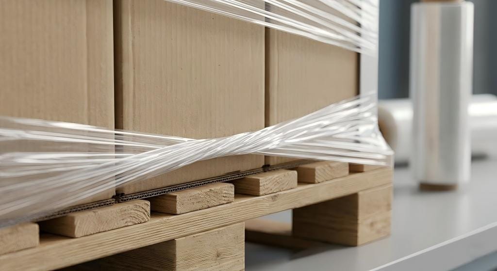 Stretch film cable lock connecting the load to the pallet base