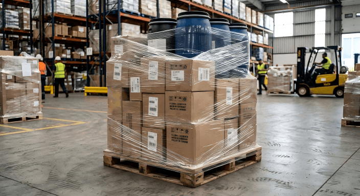 Transparent stretch film securing cartons and industrial drums on a pallet in a warehouse