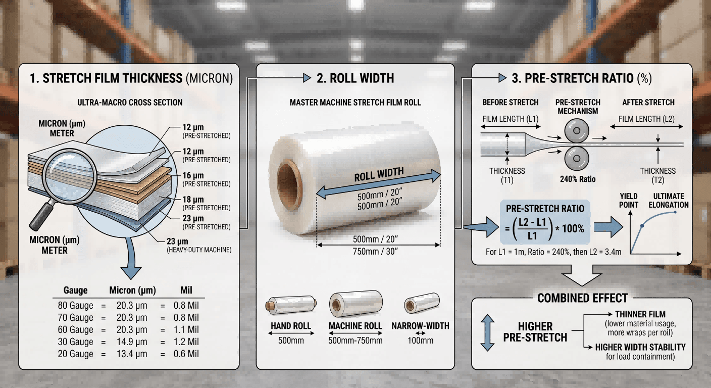 Diagram comparing stretch film thickness in microns, roll widths, and pre-stretch ratio