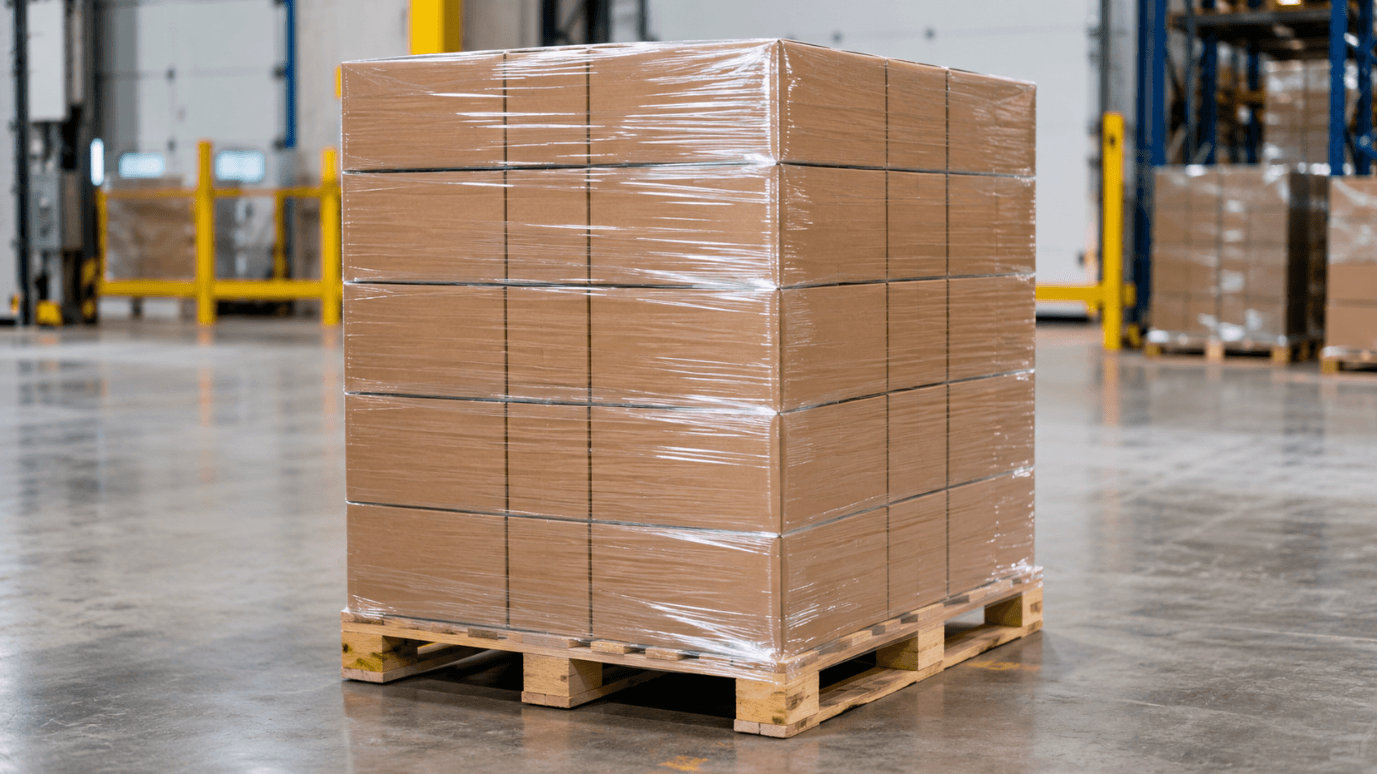 Uniform cartons stacked securely on a pallet